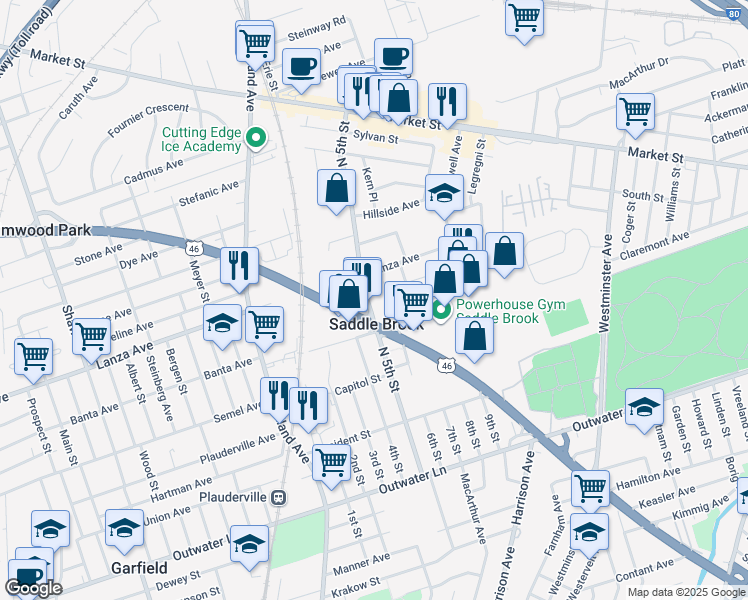 map of restaurants, bars, coffee shops, grocery stores, and more near 189 North 5th Street in Saddle Brook