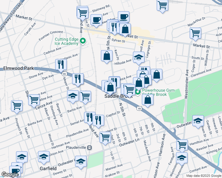 map of restaurants, bars, coffee shops, grocery stores, and more near 101 Route 46 in Saddle Brook