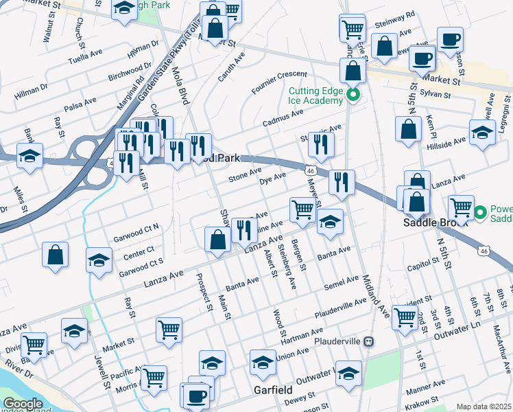 map of restaurants, bars, coffee shops, grocery stores, and more near 401 Van Bussum Avenue in Garfield
