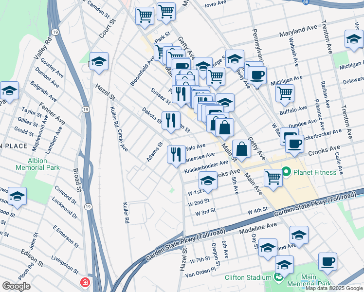 map of restaurants, bars, coffee shops, grocery stores, and more near 22 Dey Street in Paterson