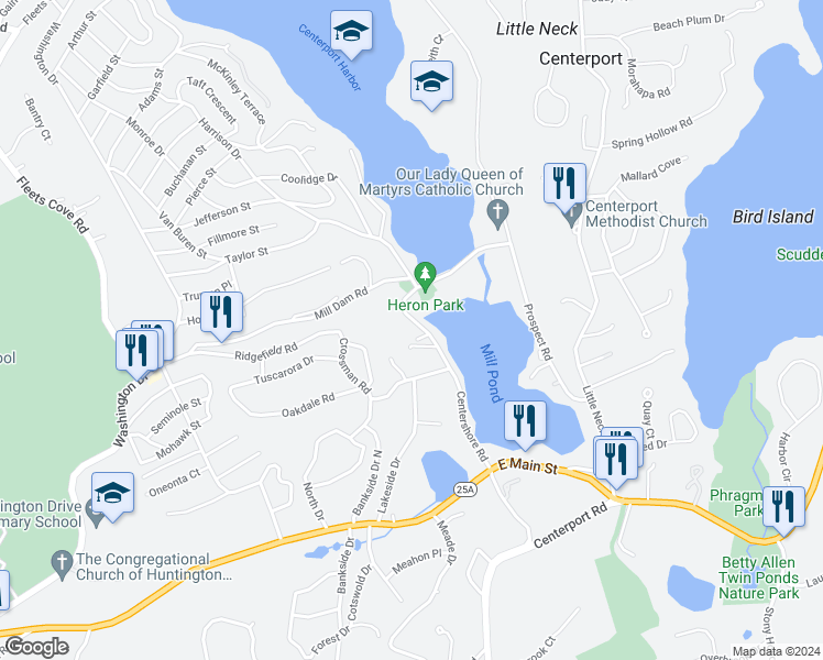 map of restaurants, bars, coffee shops, grocery stores, and more near 71 Centershore Road in Centerport