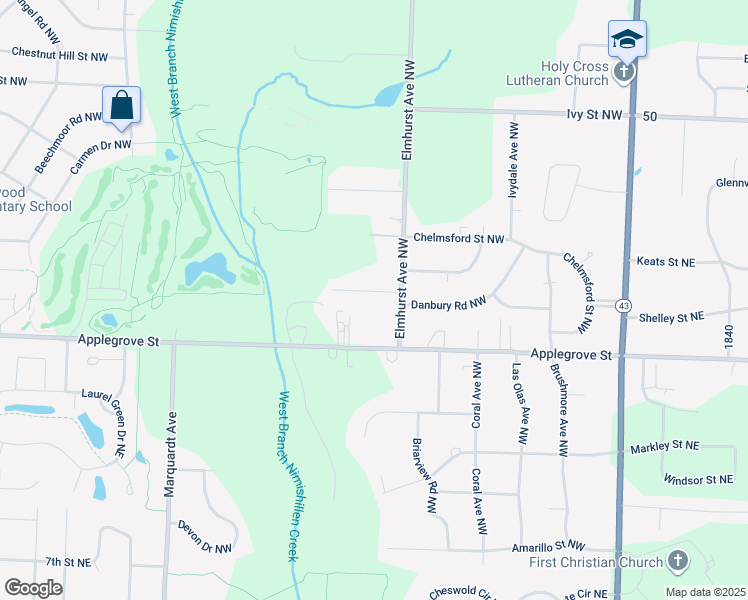 map of restaurants, bars, coffee shops, grocery stores, and more near 1540 Windcrest Street Northwest in North Canton