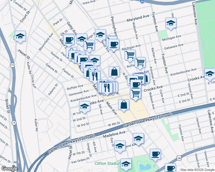 map of restaurants, bars, coffee shops, grocery stores, and more near 135 Genessee Avenue in Paterson