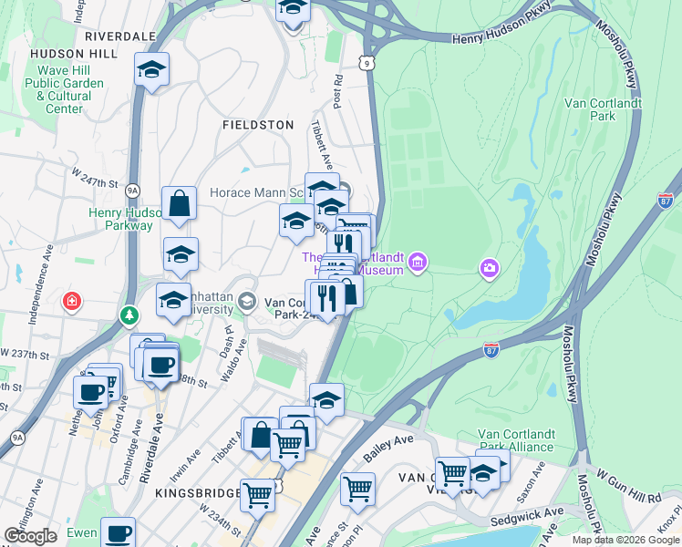 map of restaurants, bars, coffee shops, grocery stores, and more near 4445 Post Road in The Bronx