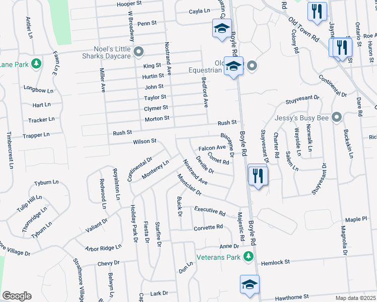 map of restaurants, bars, coffee shops, grocery stores, and more near 29 Deville Drive in Selden