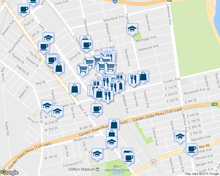 map of restaurants, bars, coffee shops, grocery stores, and more near 333 E Railway Ave in Paterson