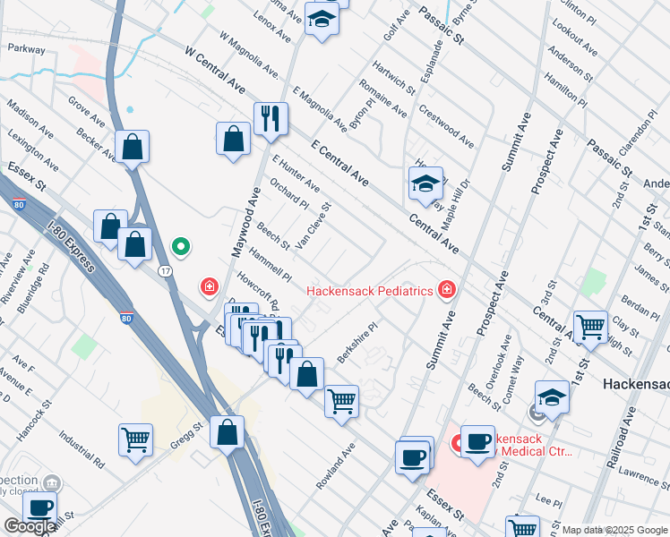 map of restaurants, bars, coffee shops, grocery stores, and more near 158 Ward Street in Maywood
