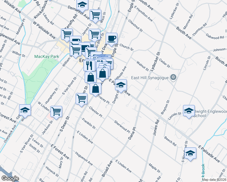 map of restaurants, bars, coffee shops, grocery stores, and more near 100 East Palisade Avenue in Englewood