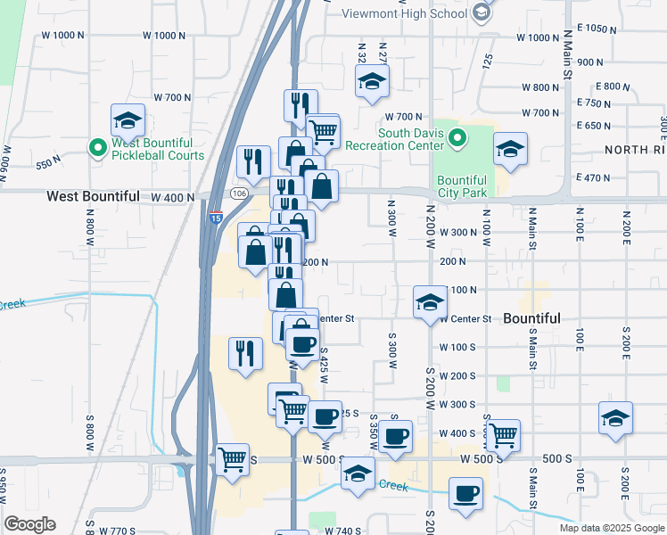 map of restaurants, bars, coffee shops, grocery stores, and more near 441 West 200 North in Bountiful