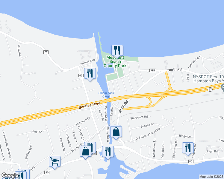 map of restaurants, bars, coffee shops, grocery stores, and more near 6 Canal Road in Hampton Bays