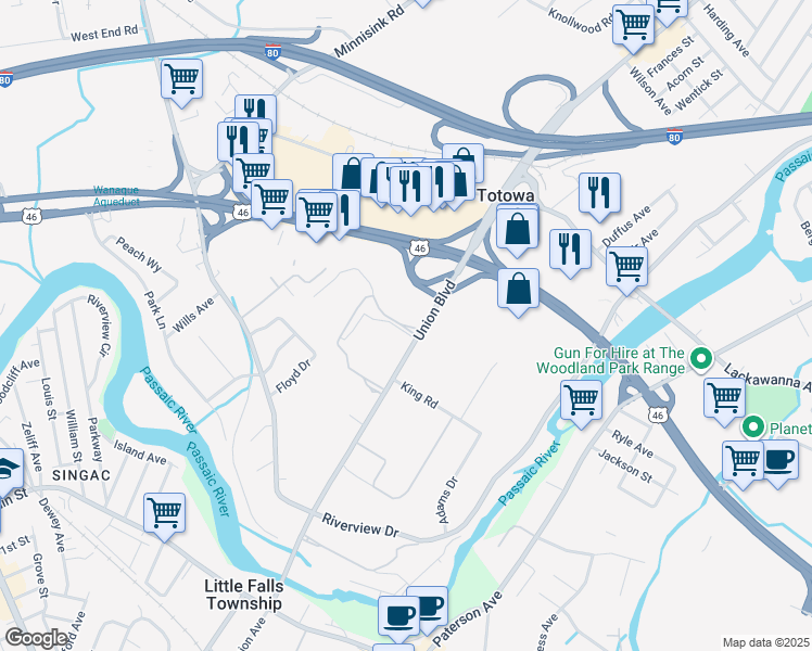 map of restaurants, bars, coffee shops, grocery stores, and more near 701 Union Boulevard in Totowa