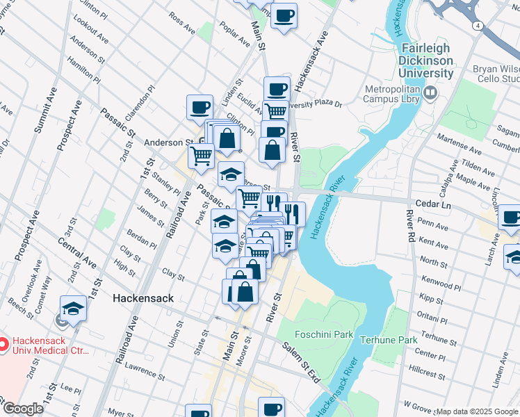 map of restaurants, bars, coffee shops, grocery stores, and more near 409 Main Street in Hackensack