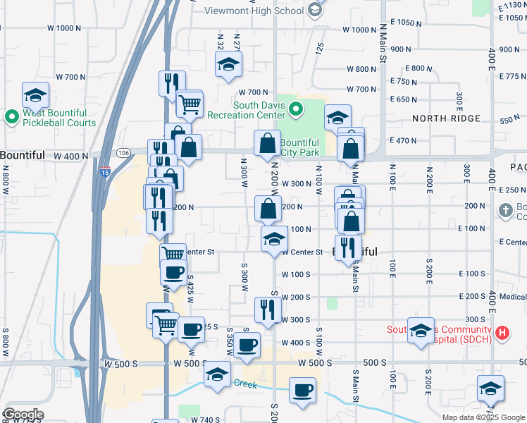 map of restaurants, bars, coffee shops, grocery stores, and more near 235 200 North in Bountiful