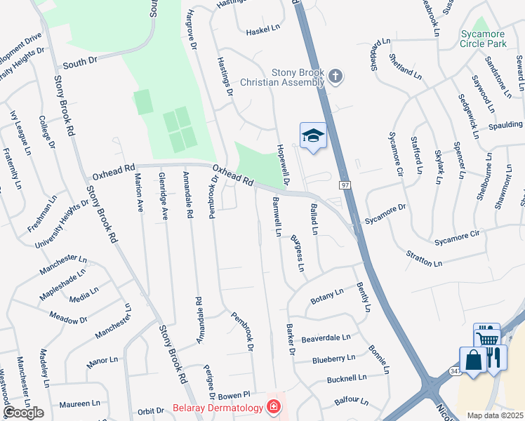 map of restaurants, bars, coffee shops, grocery stores, and more near 23 Knolls Drive in Stony Brook