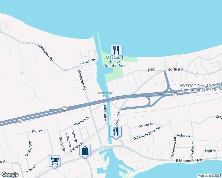 map of restaurants, bars, coffee shops, grocery stores, and more near 6 Canal Road in Hampton Bays