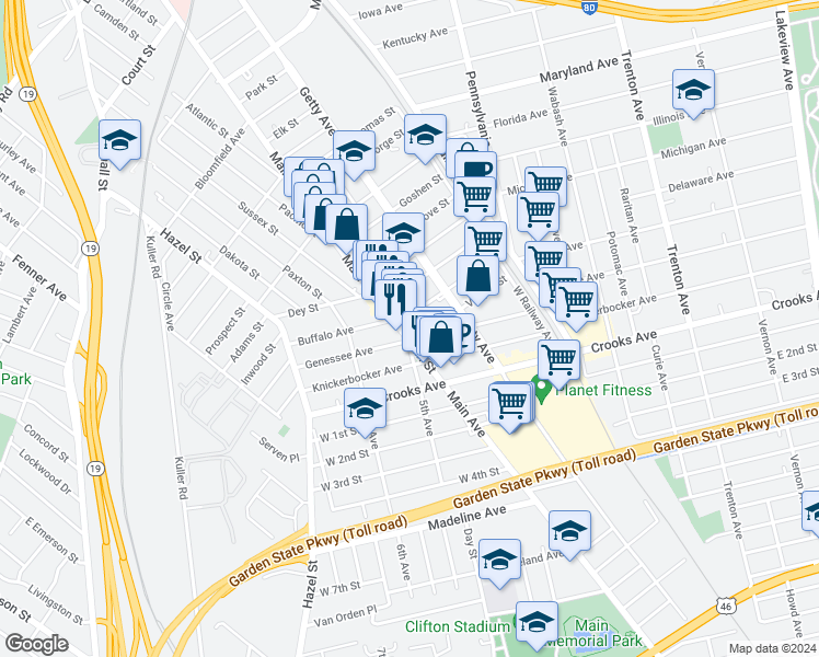 map of restaurants, bars, coffee shops, grocery stores, and more near 1095 Main Street in Paterson