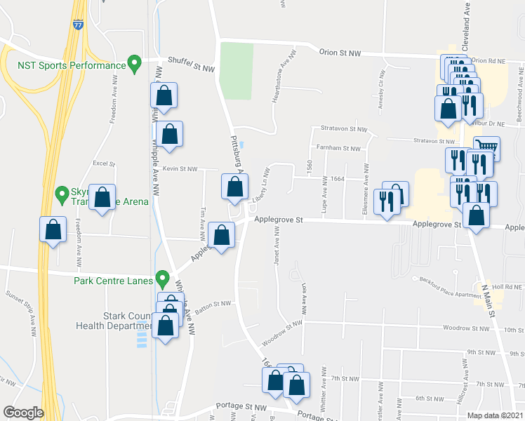 map of restaurants, bars, coffee shops, grocery stores, and more near 1070 Liberty Lane Northwest in North Canton