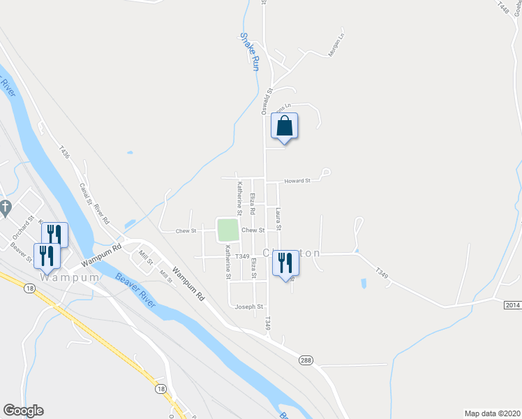 map of restaurants, bars, coffee shops, grocery stores, and more near 519 Oswald Street in Wampum