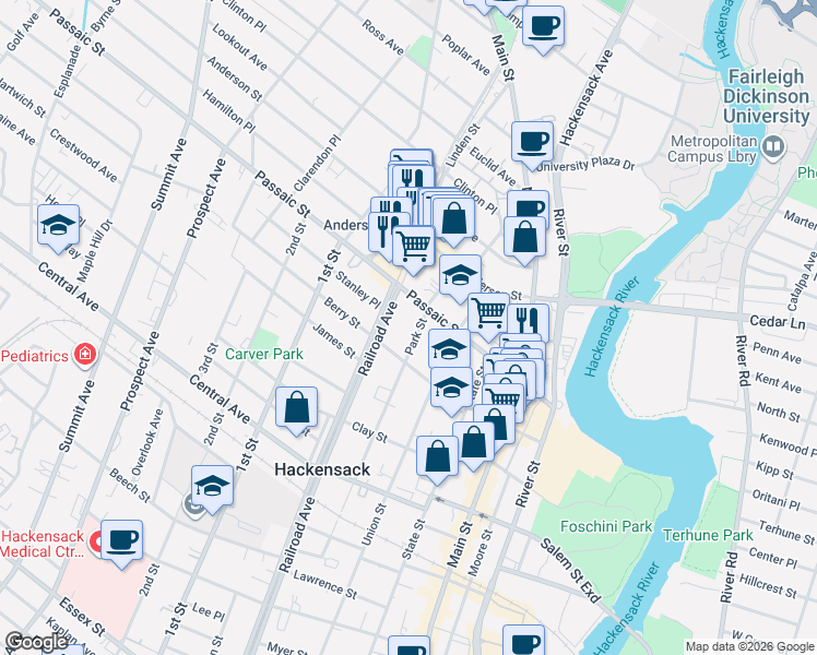 map of restaurants, bars, coffee shops, grocery stores, and more near 390 Railroad Avenue in Hackensack