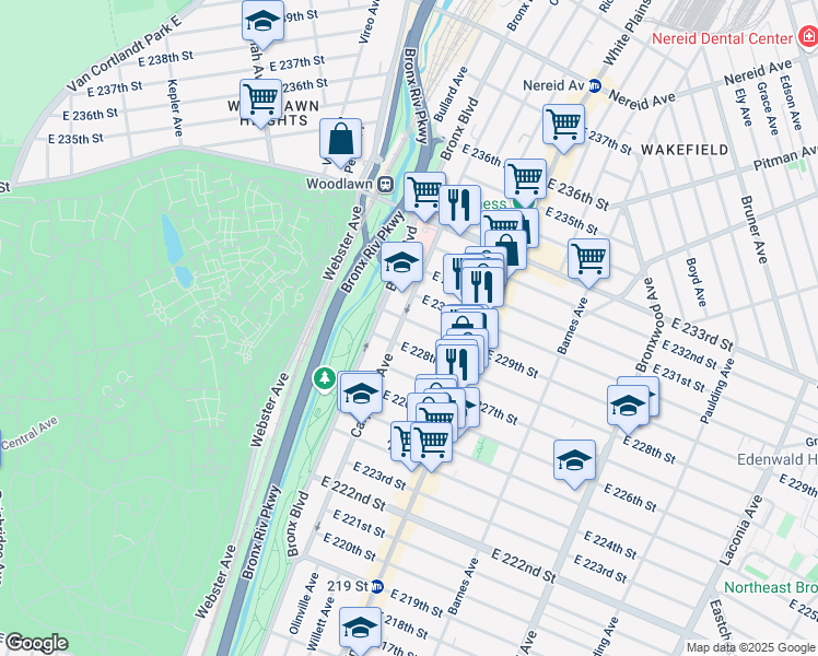 map of restaurants, bars, coffee shops, grocery stores, and more near 629 East 229th Street in Bronx