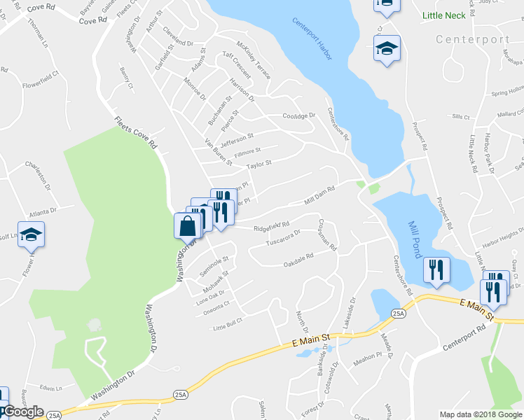 map of restaurants, bars, coffee shops, grocery stores, and more near 182 Mill Dam Road in Centerport