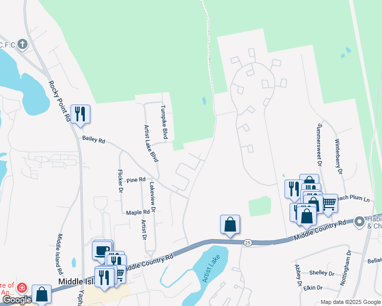 map of restaurants, bars, coffee shops, grocery stores, and more near 118 Bailey Court in Middle Island
