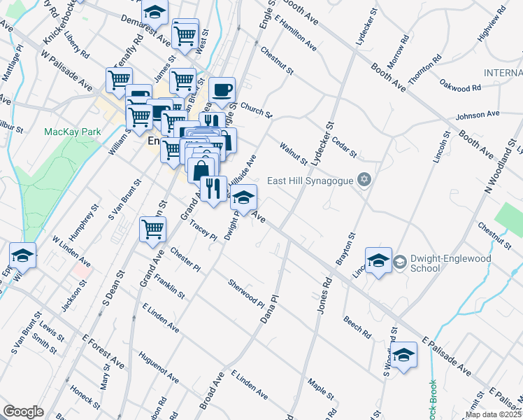 map of restaurants, bars, coffee shops, grocery stores, and more near 151 East Palisade Avenue in Englewood