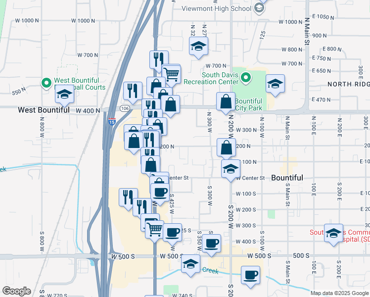 map of restaurants, bars, coffee shops, grocery stores, and more near 404 West 200 North in Bountiful