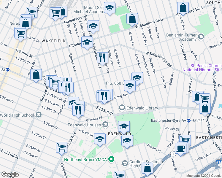 map of restaurants, bars, coffee shops, grocery stores, and more near 4040 De Reimer Avenue in Bronx