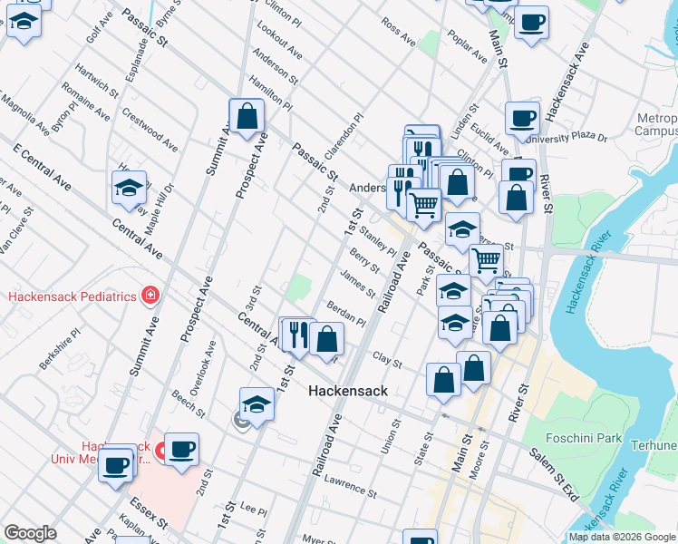 map of restaurants, bars, coffee shops, grocery stores, and more near 195 Berry Street in Hackensack