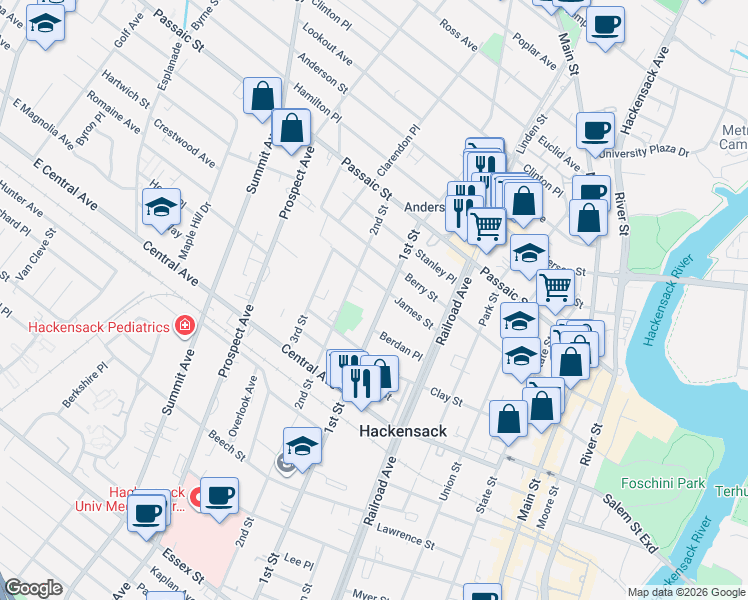 map of restaurants, bars, coffee shops, grocery stores, and more near 231 James Street in Hackensack
