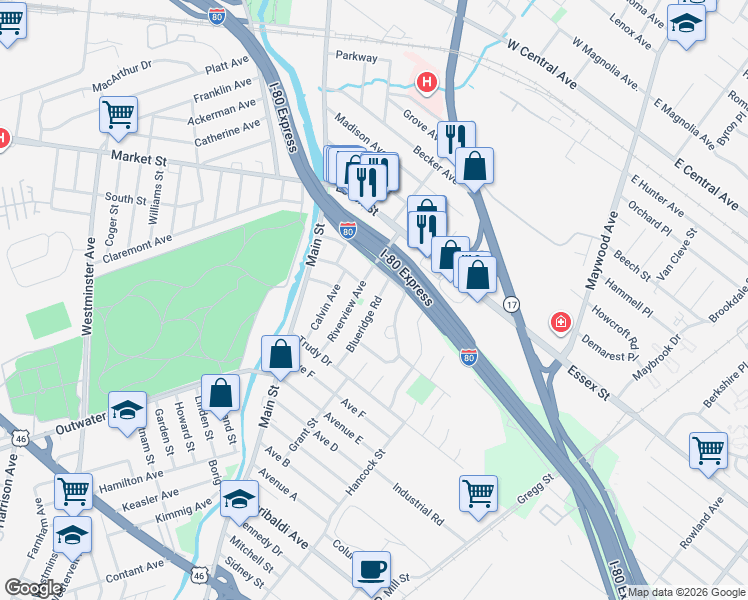 map of restaurants, bars, coffee shops, grocery stores, and more near 4 Blueridge Road in Lodi
