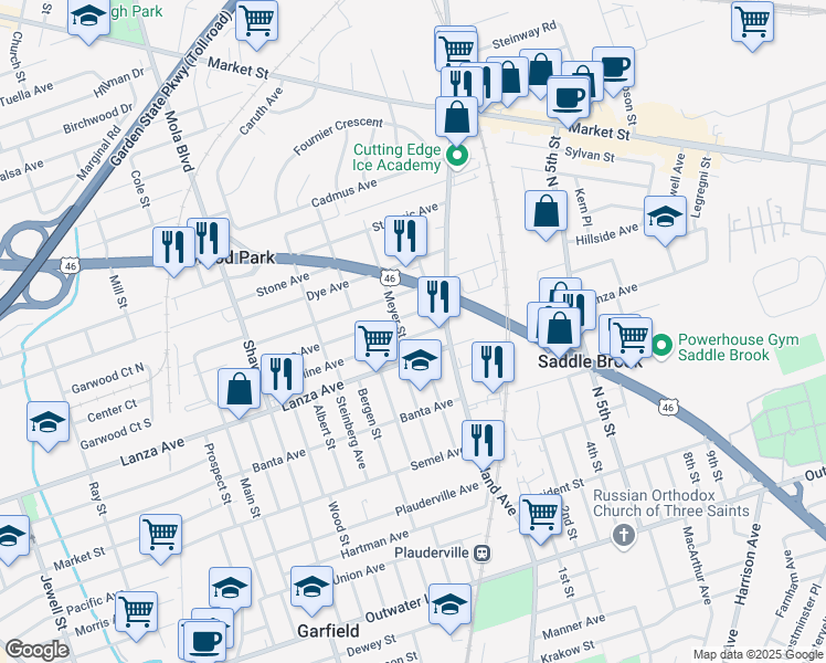 map of restaurants, bars, coffee shops, grocery stores, and more near 488 Grace Avenue in Garfield