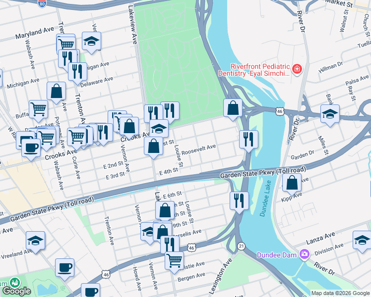map of restaurants, bars, coffee shops, grocery stores, and more near 96 Roosevelt Avenue in Clifton