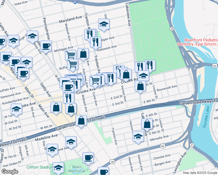 map of restaurants, bars, coffee shops, grocery stores, and more near 295 Crooks Avenue in Clifton