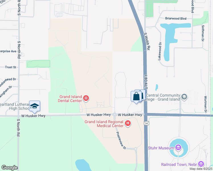 map of restaurants, bars, coffee shops, grocery stores, and more near 104 Lakeview Circle in Grand Island