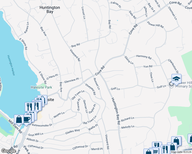 map of restaurants, bars, coffee shops, grocery stores, and more near 38 Russet Lane in Halesite