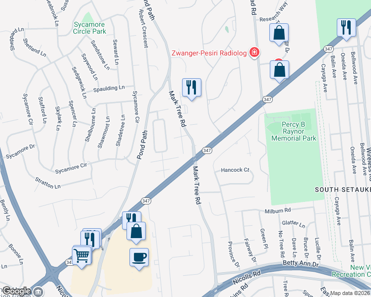 map of restaurants, bars, coffee shops, grocery stores, and more near 85 Krispin Lane in Setauket- East Setauket