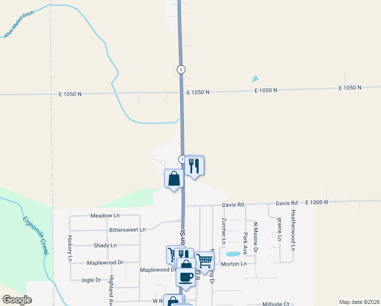 map of restaurants, bars, coffee shops, grocery stores, and more near 10221 Indiana 1 in Ossian