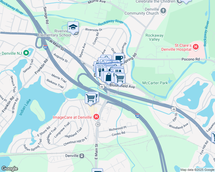 map of restaurants, bars, coffee shops, grocery stores, and more near 25 E Main St in Denville
