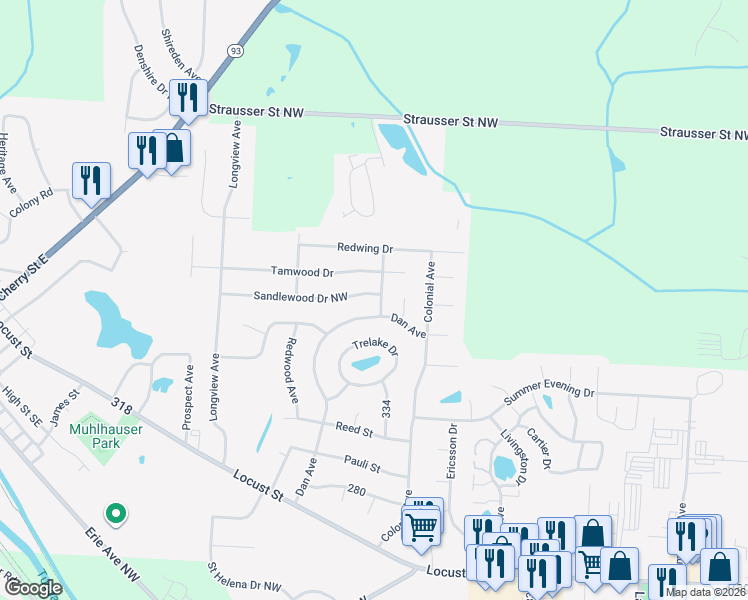 map of restaurants, bars, coffee shops, grocery stores, and more near 871 Sandlewood Drive Northwest in Canal Fulton