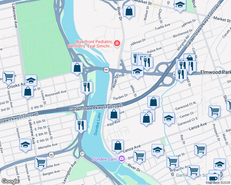 map of restaurants, bars, coffee shops, grocery stores, and more near 871 River Drive in Elmwood Park