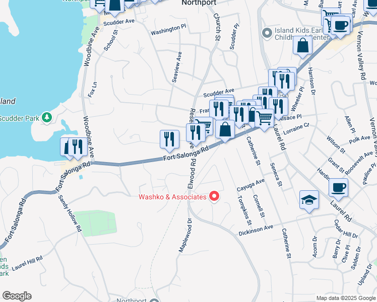 map of restaurants, bars, coffee shops, grocery stores, and more near 351 Fort Salonga Road in Northport