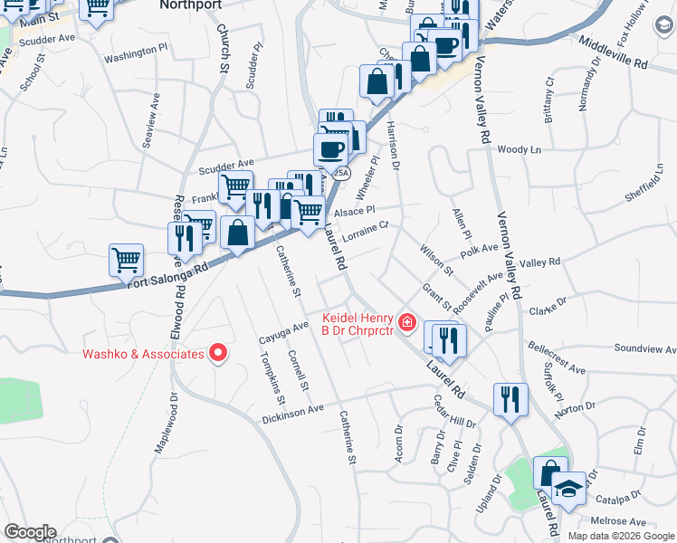 map of restaurants, bars, coffee shops, grocery stores, and more near 307 Laurel Road in Northport
