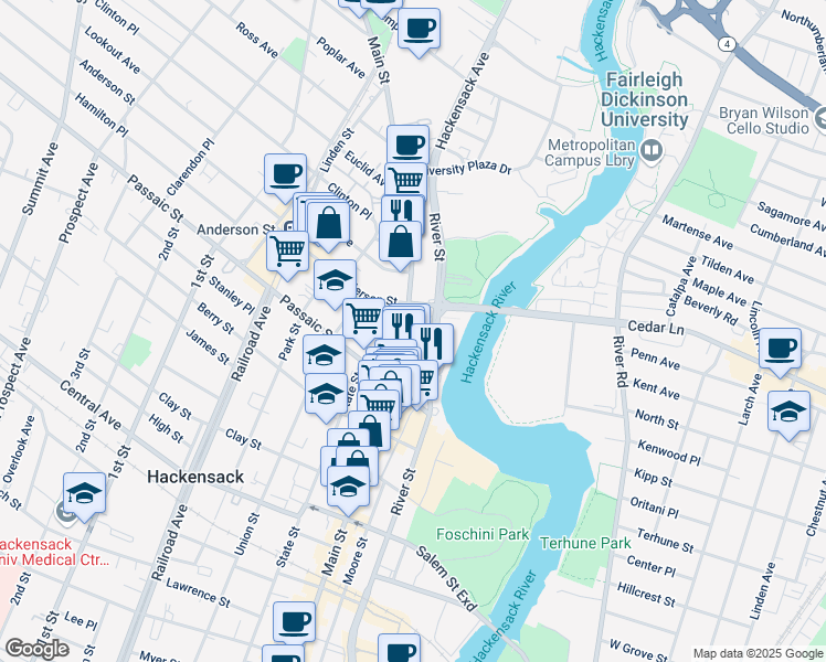 map of restaurants, bars, coffee shops, grocery stores, and more near 409 Main Street in Hackensack