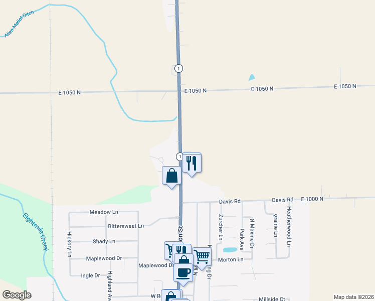 map of restaurants, bars, coffee shops, grocery stores, and more near 10221 Indiana 1 in Ossian