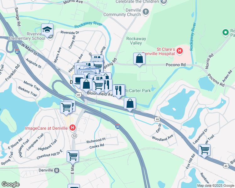 map of restaurants, bars, coffee shops, grocery stores, and more near 112 Broadway in Denville