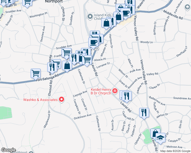 map of restaurants, bars, coffee shops, grocery stores, and more near 307 Laurel Road in Northport