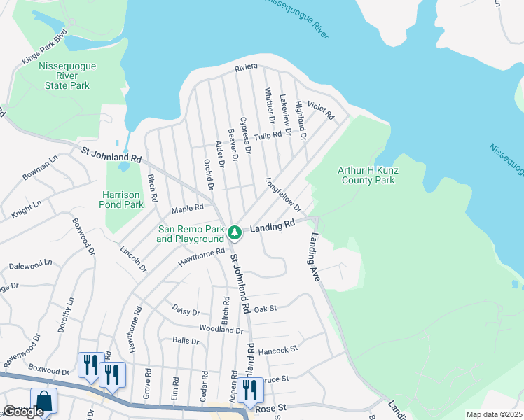 map of restaurants, bars, coffee shops, grocery stores, and more near 10 Walnut Road in Kings Park