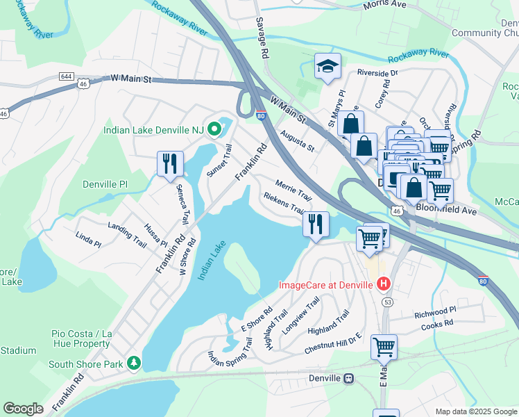 map of restaurants, bars, coffee shops, grocery stores, and more near 40 North Shore Road in Denville